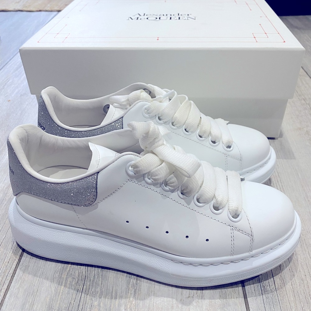 SOLD Alexander McQueen leather white sneaker with glitter tab; sparking holiday